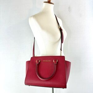 Michael Kors Selma Cranberry Red Saffiano Leather Satchel Crossbody Bag
